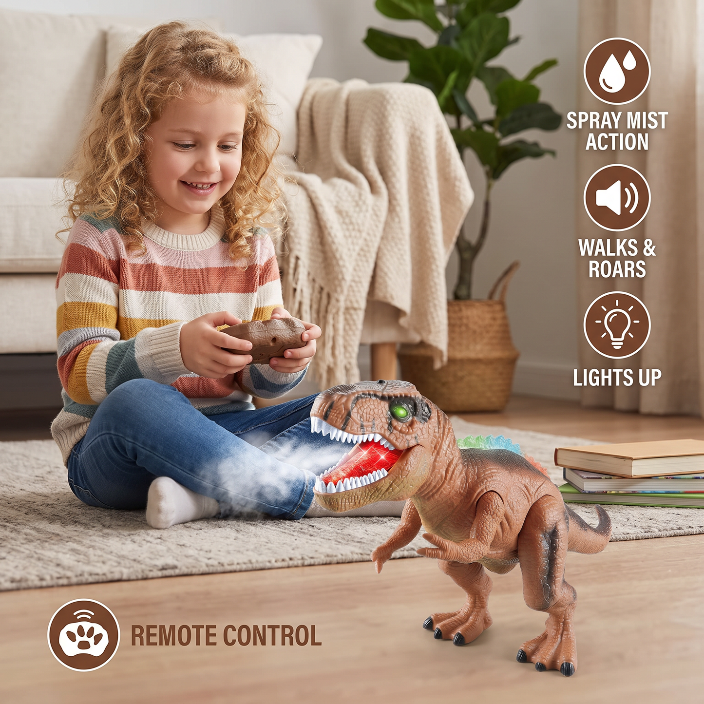 Remote Control Walking T-Rex – RC Dinosaur with Spray Mist, Lights & Sound