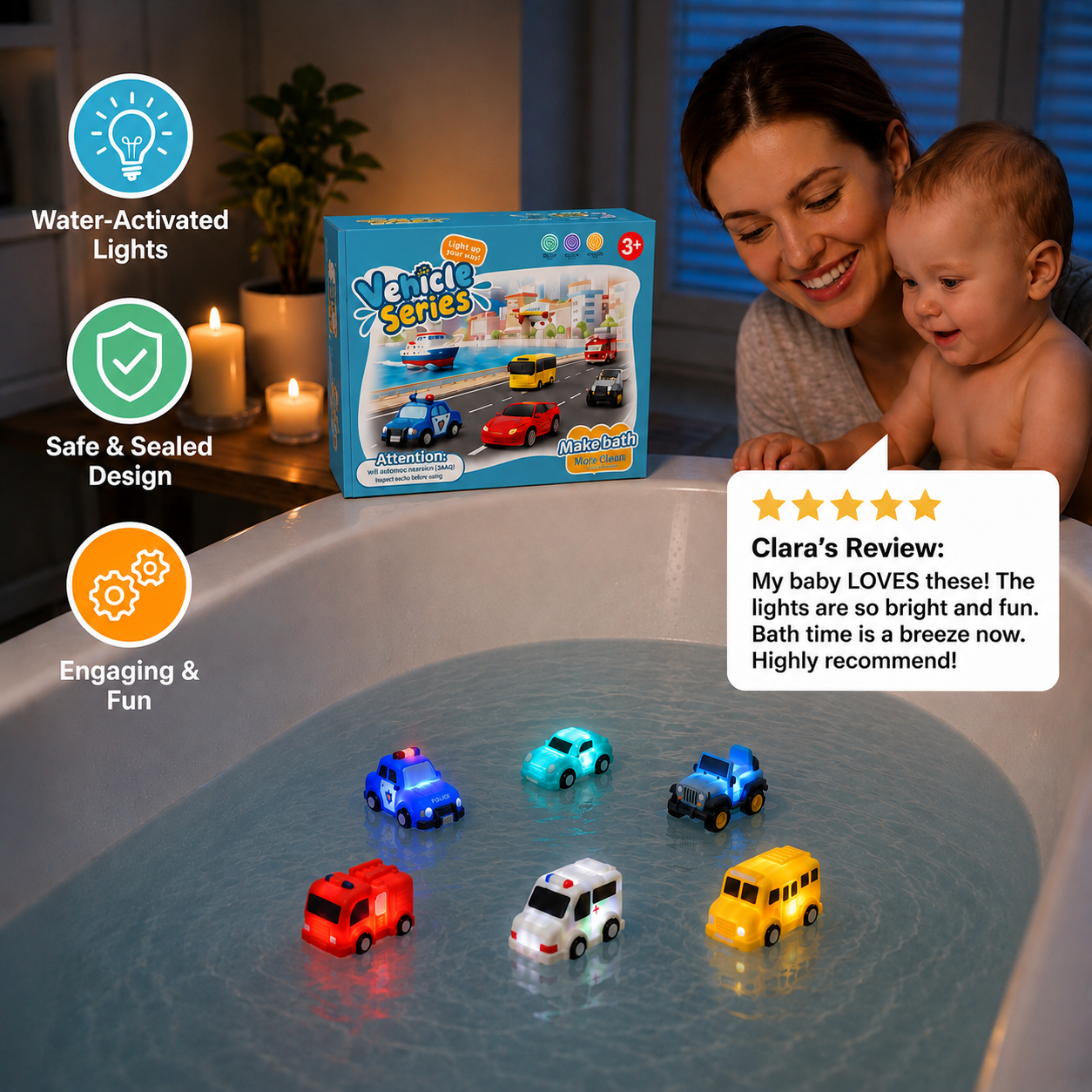 Light-Up Bath Toy Car Set – Water-Activated Baby Bath Toys