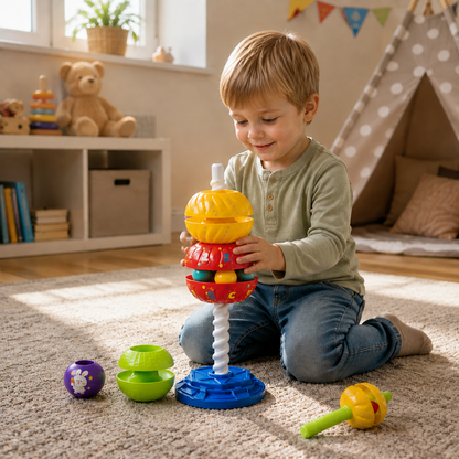 2-in-1 Interactive Rotating Stack & Ball Drop Tower with Rattle for Kids