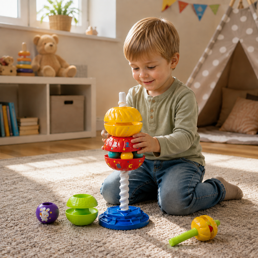 2-in-1 Interactive Rotating Stack & Ball Drop Tower with Rattle for Kids