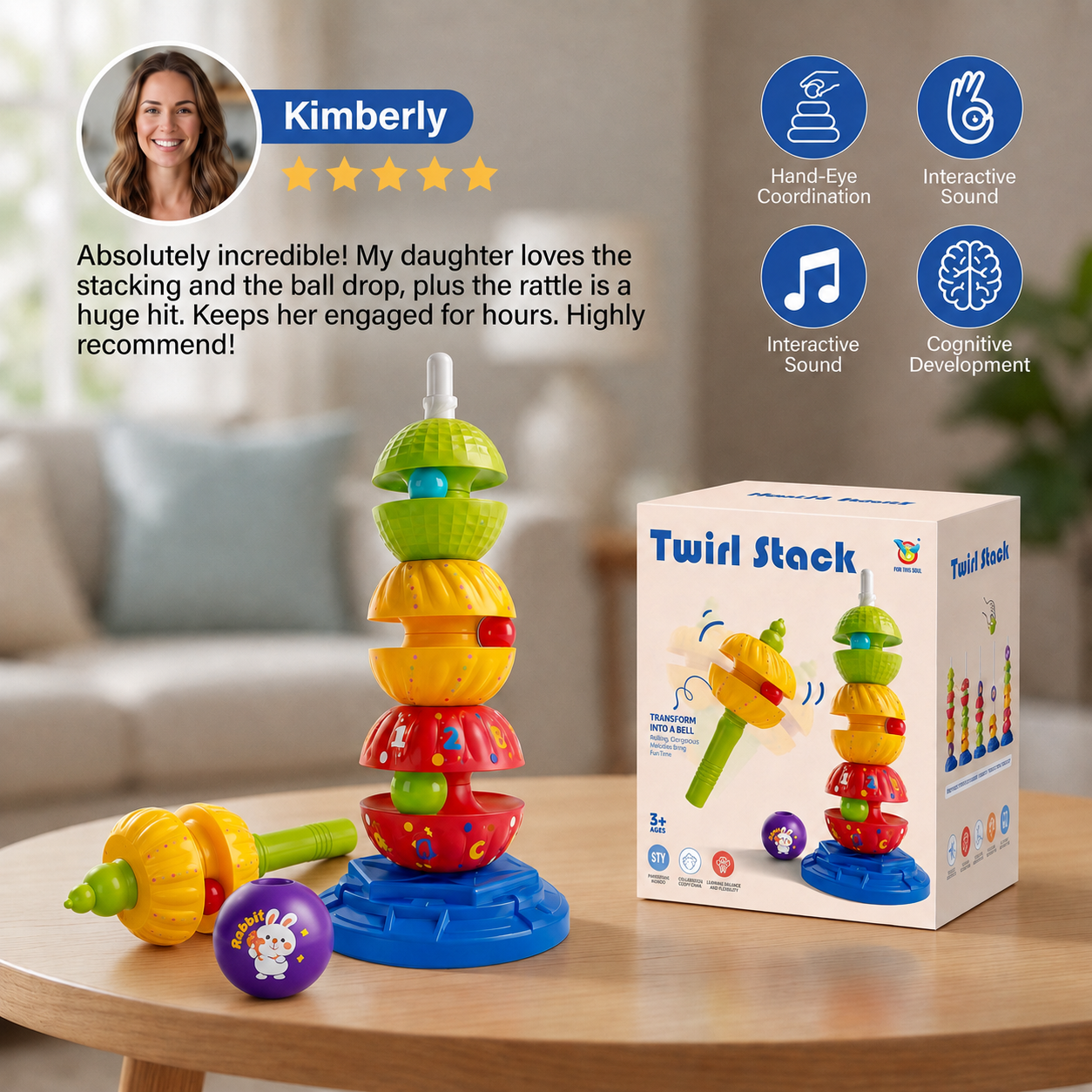 2-in-1 Interactive Rotating Stack & Ball Drop Tower with Rattle for Kids