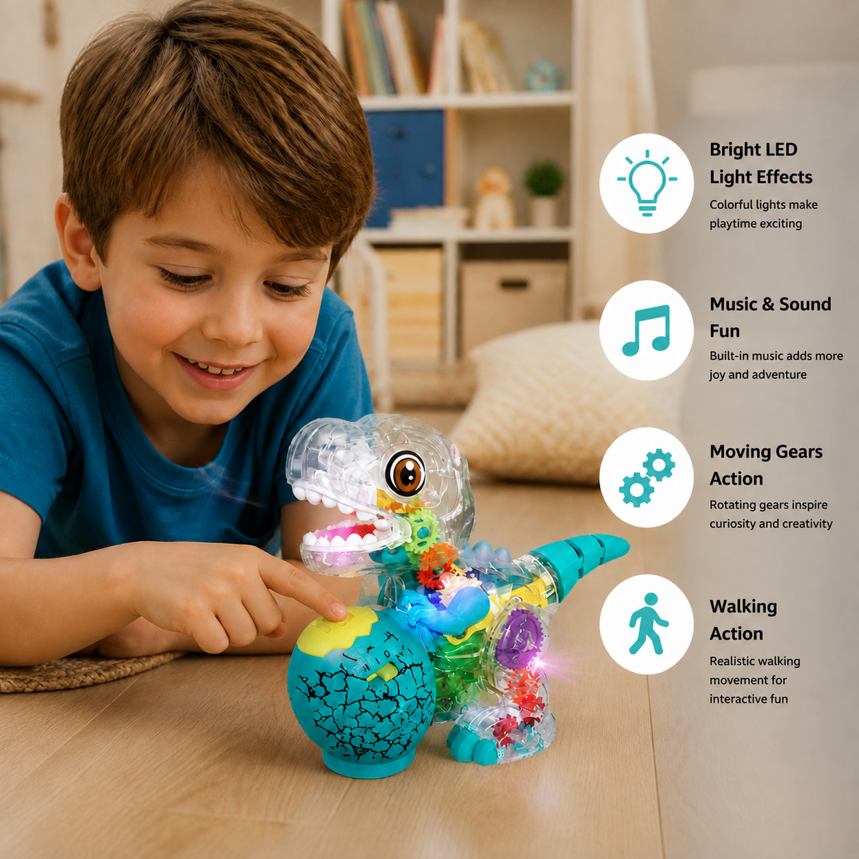 Interactive Light-Up Gear Dinosaur Toy with Music & Walking Action