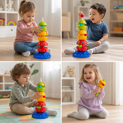 2-in-1 Interactive Rotating Stack & Ball Drop Tower with Rattle for Kids
