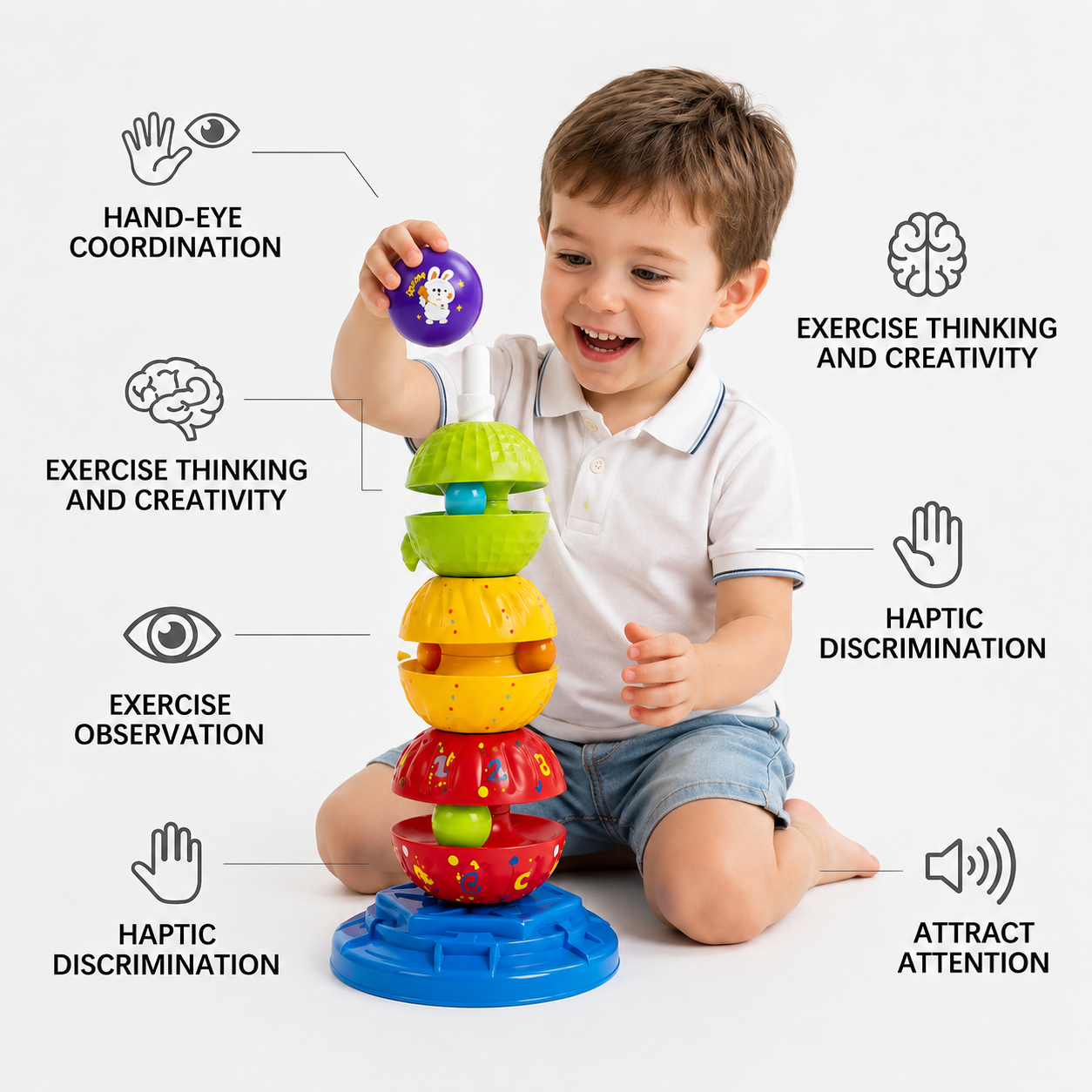2-in-1 Interactive Rotating Stack & Ball Drop Tower with Rattle for Kids