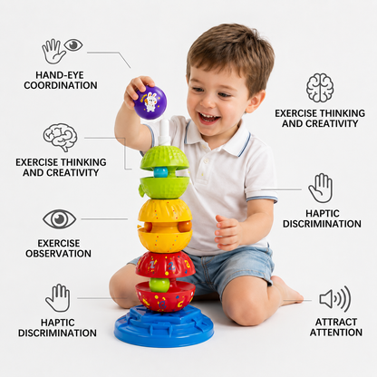 2-in-1 Interactive Rotating Stack & Ball Drop Tower with Rattle for Kids