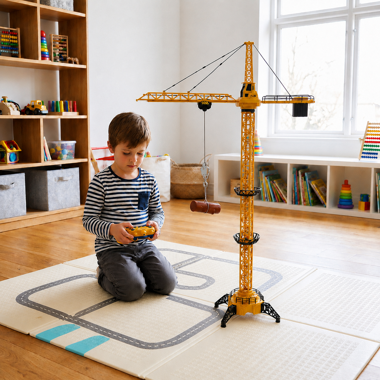 Remote Control Tower Crane – 360° Rotating Construction Toy with Lifting Function