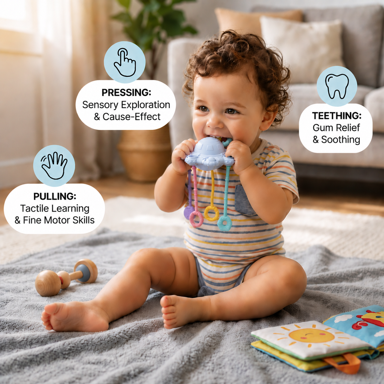 Montessori Sensory Pull & Explore Teething Toy – Silicone Pull Cord for Tactile Learning & Gum Relief