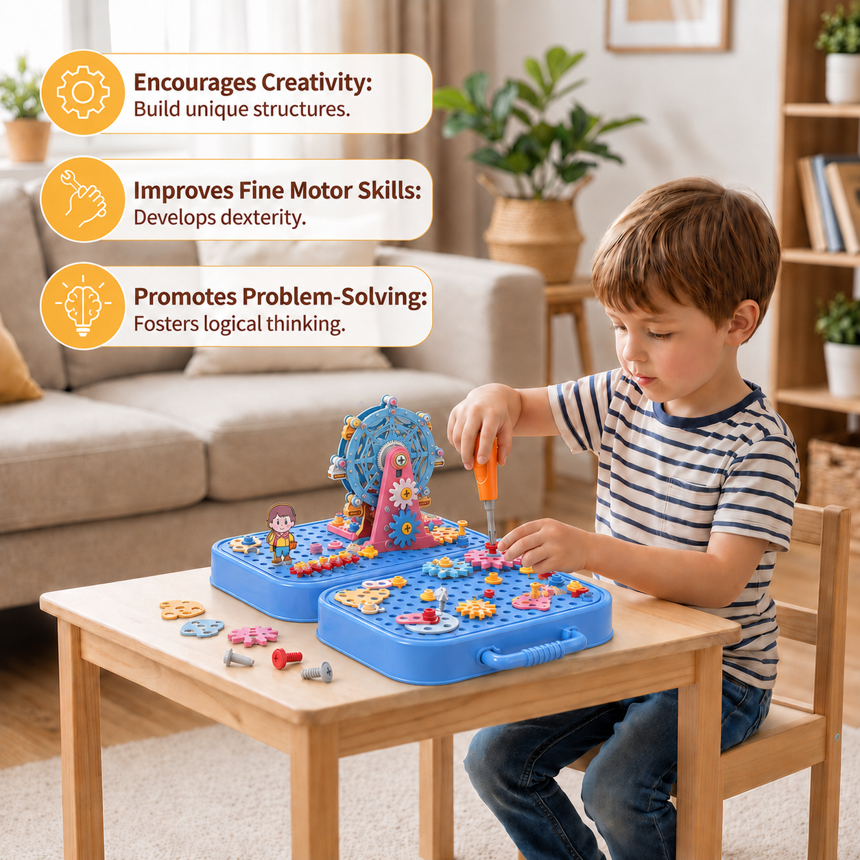 DIY Kids Engineering Tool Box with Building Board, Ferris Wheel & Electric Drill