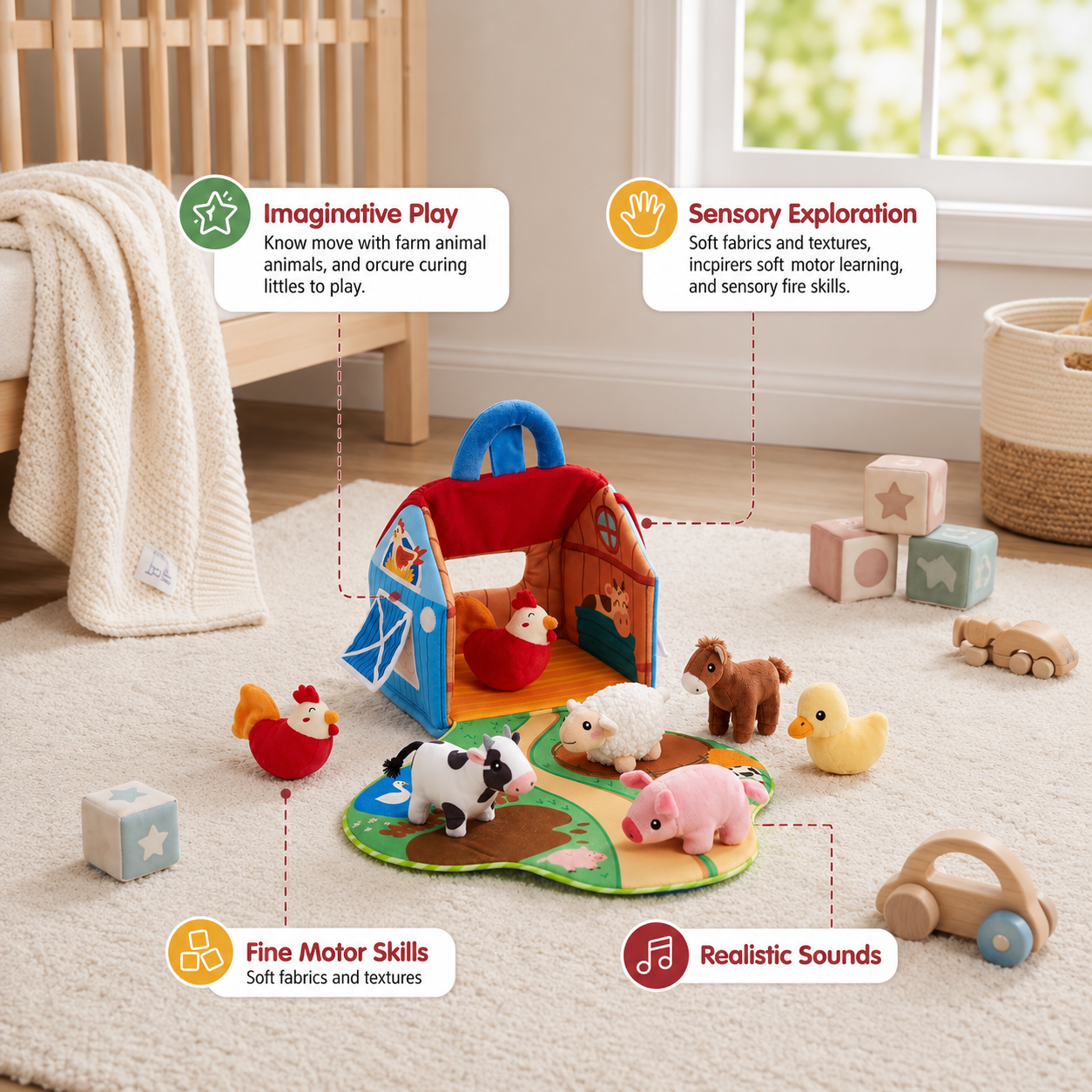 Farm Animal Plush Playset – Interactive Learning Toy with Portable Playhouse