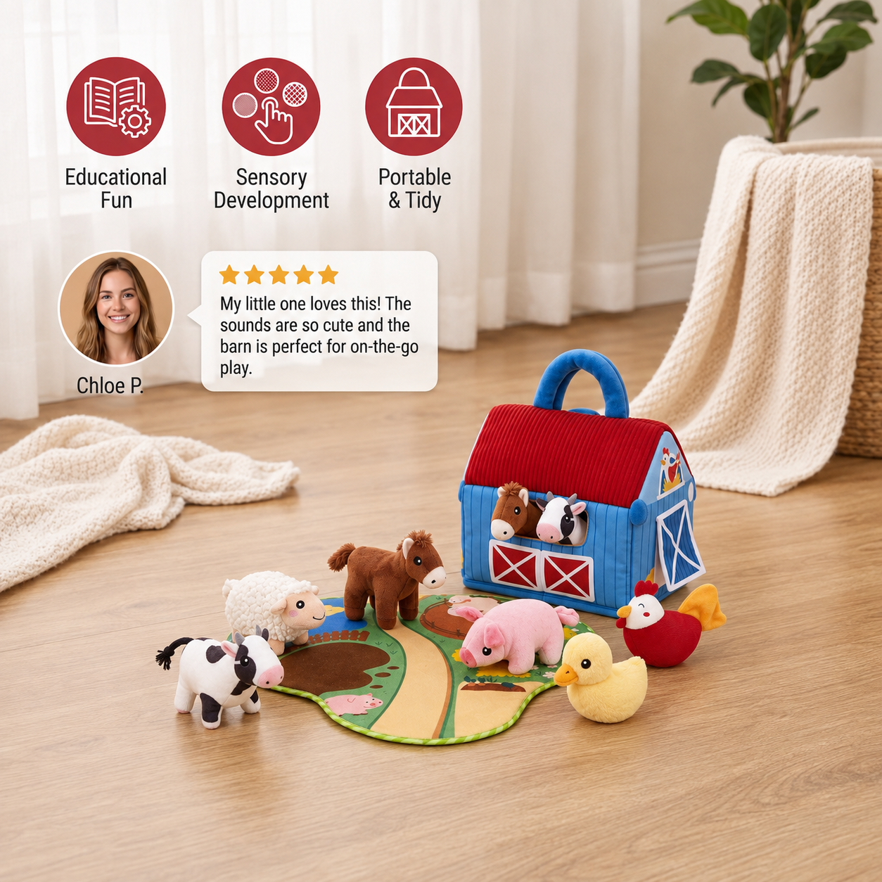 Farm Animal Plush Playset – Interactive Learning Toy with Portable Playhouse