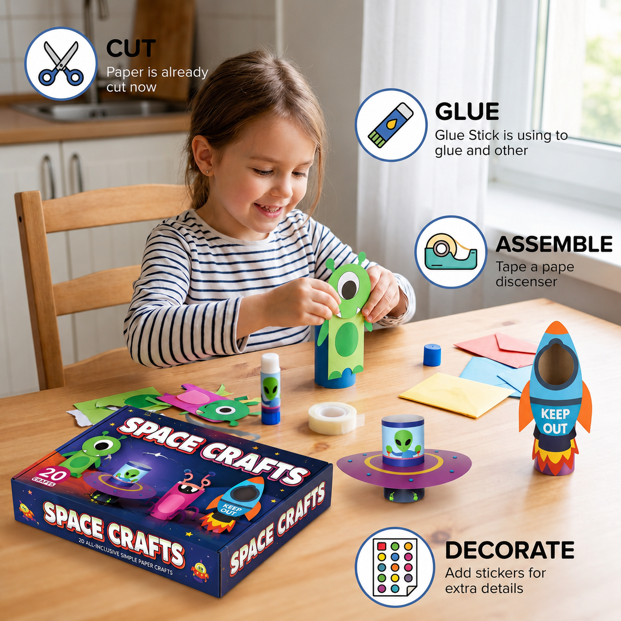 Kids Paper Crafts Box – 20 Easy DIY Arts & Crafts Projects for Ages 3–10 with Glue Stick, Tape & Envelopes