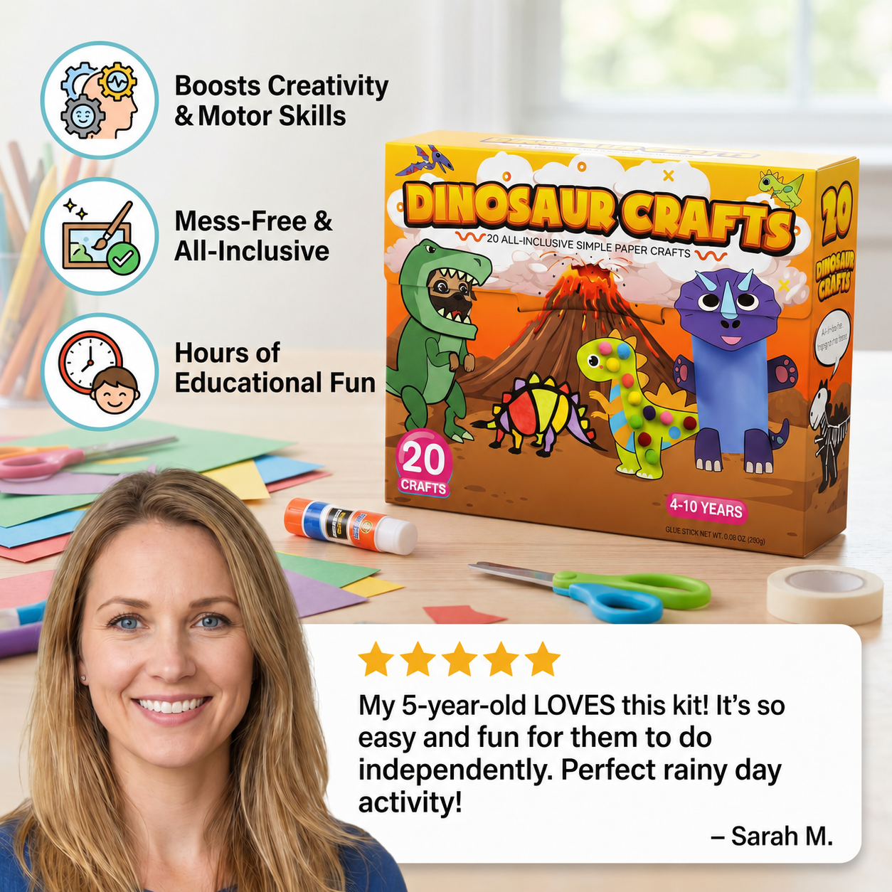 Kids Paper Crafts Box – 20 Easy DIY Arts & Crafts Projects for Ages 3–10 with Glue Stick, Tape & Envelopes