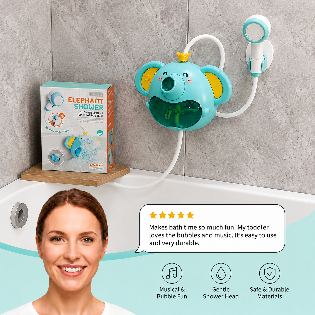 Musical Elephant Bubble Bath Toy with Shower Head