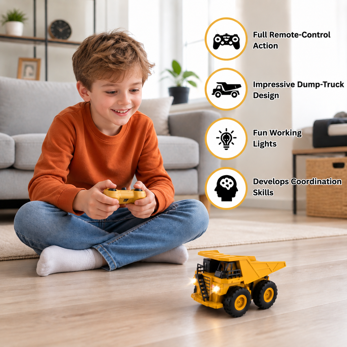 Remote-Controlled Dump Truck with Lights – Construction Vehicle Toy