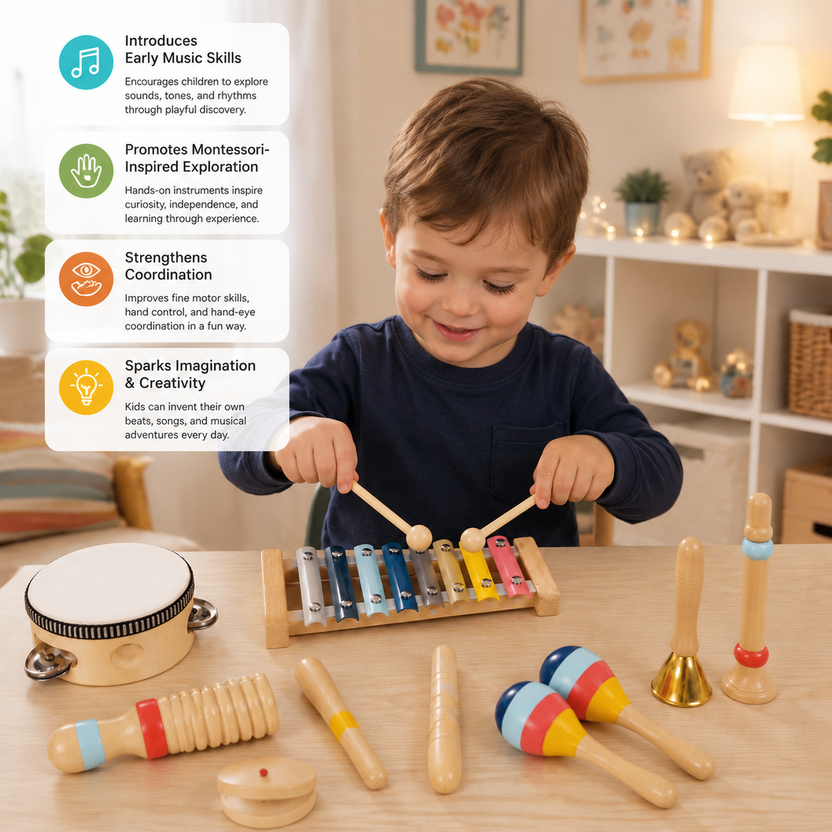 Wooden Musical Instrument Set – Montessori Percussion & Rhythm Learning Toys for Kids