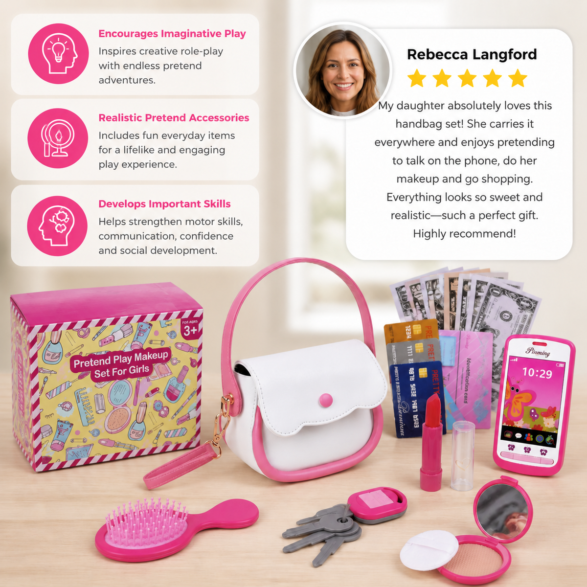 Kids Pretend Play Handbag Set with Phone, Makeup & Accessories