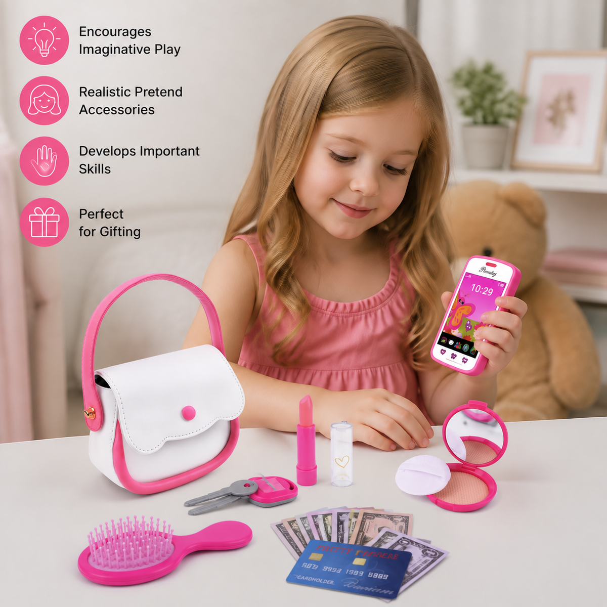 Kids Pretend Play Handbag Set with Phone, Makeup & Accessories