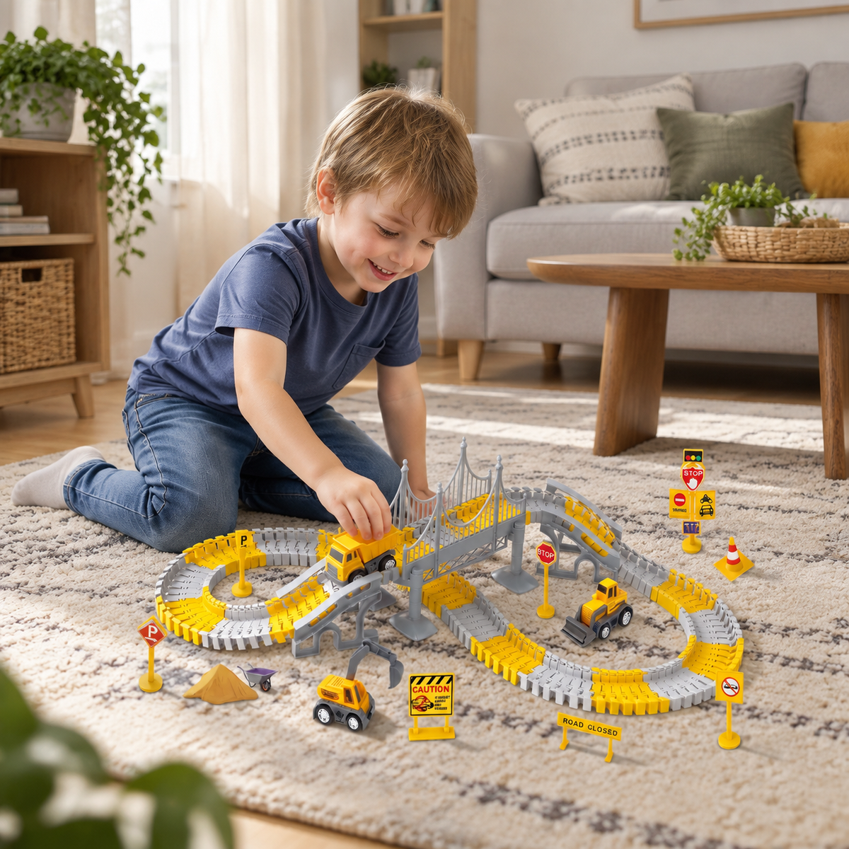 Construction Truck Race Track Playset with Bridge, Vehicles & Road Signs