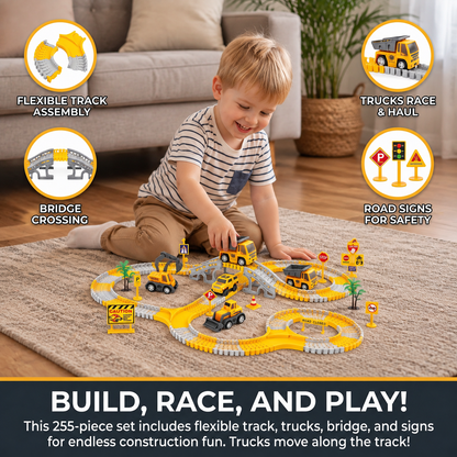 Construction Truck Race Track Playset with Bridge, Vehicles & Road Signs