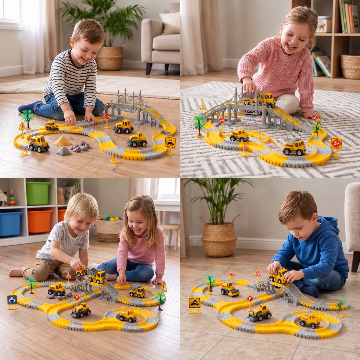 Construction Truck Race Track Playset with Bridge, Vehicles & Road Signs
