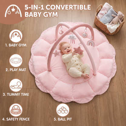 5-in-1 Plush Baby Play Gym, Activity Mat & Bed with Hanging Toys