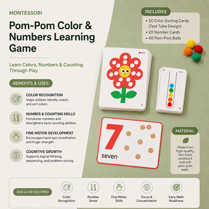 Montessori Pom-Pom Color & Numbers Learning Game for Fine Motor Skills