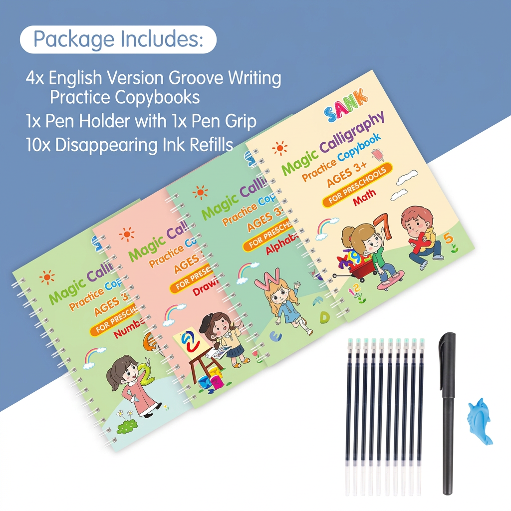 Magic Reusable Grooved Handwriting Practice Books with Disappearing Ink Pens