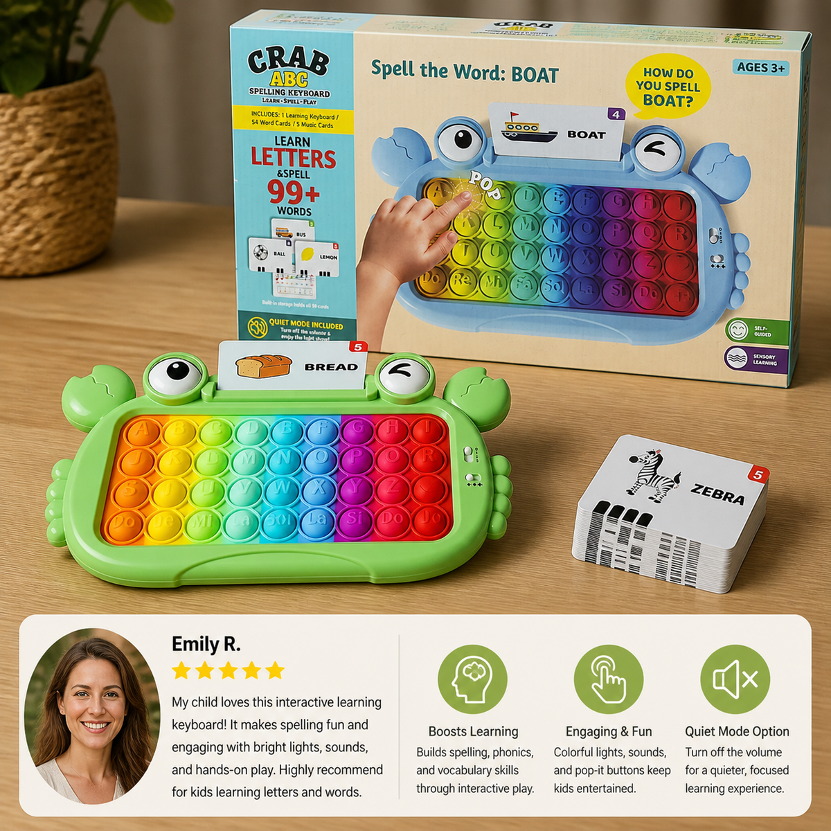 Interactive Talking Flash Card Learning Tablet with Pop-It Keyboard, Spelling & Phonics Games