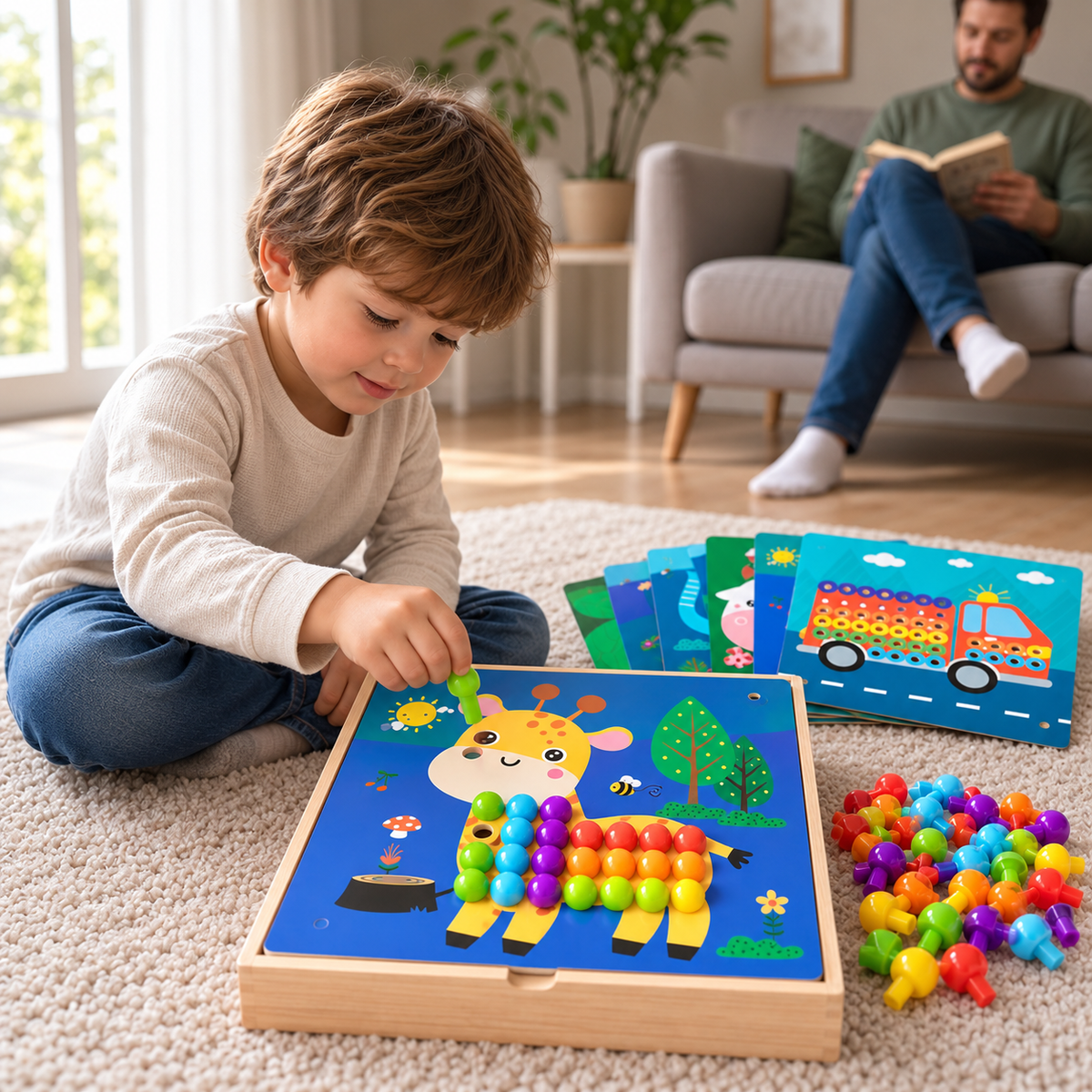 4-in-1 Montessori Wooden Sensory Activity Travel Board Box with Gears & Colorful Pegs