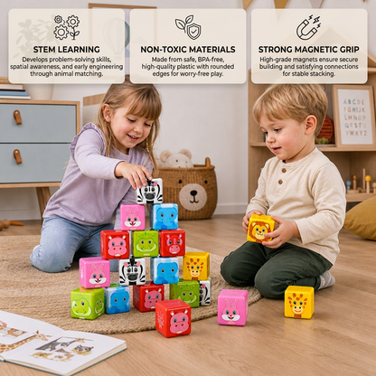 Toddler-Safe 4.2 cm Safari Animal Magnetic Building Cubes – STEM Learning Blocks