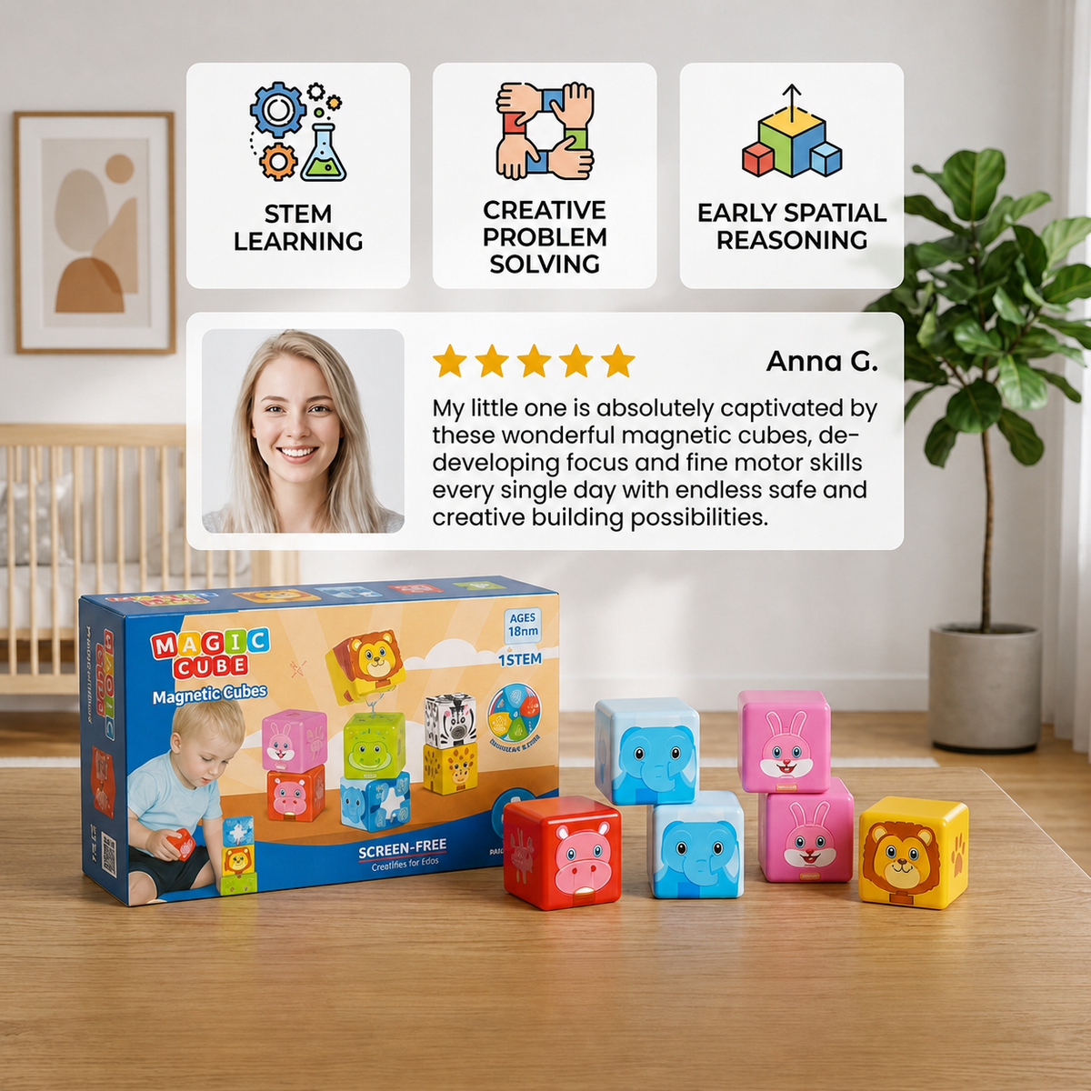Toddler-Safe 4.2 cm Safari Animal Magnetic Building Cubes – STEM Learning Blocks