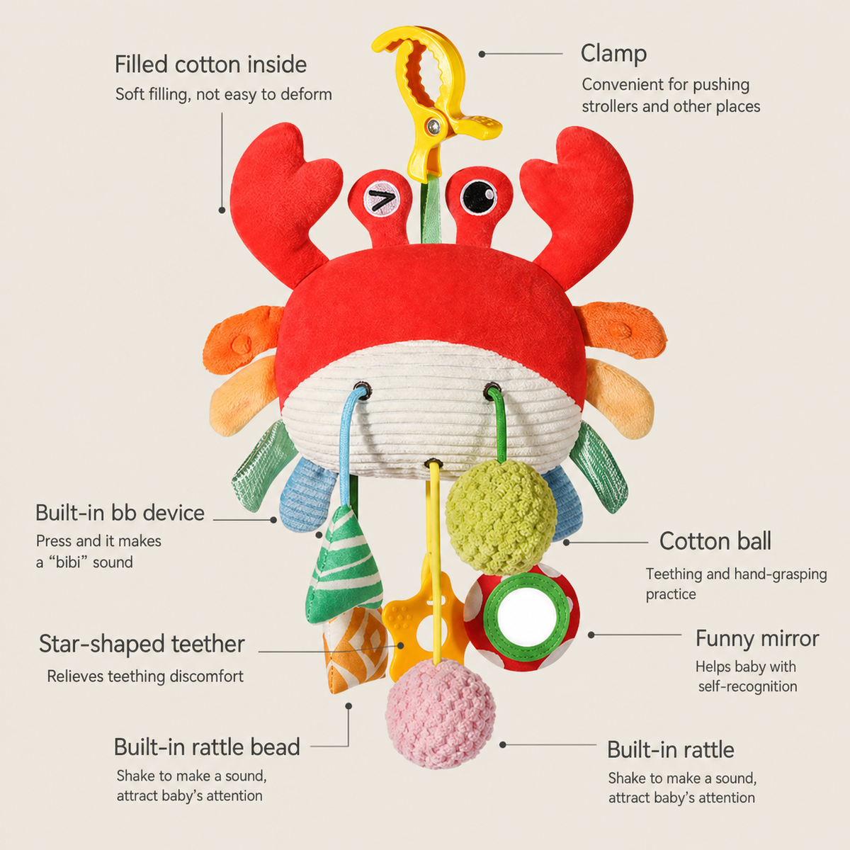 Crab Activity Toy with Pull Cord, Rattle & Teether for Babies