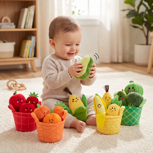Soft Fruit & Vegetable Learning Toy for Babies – 4-Pack Color Sorting Set with Rattle and Crinkle Effect