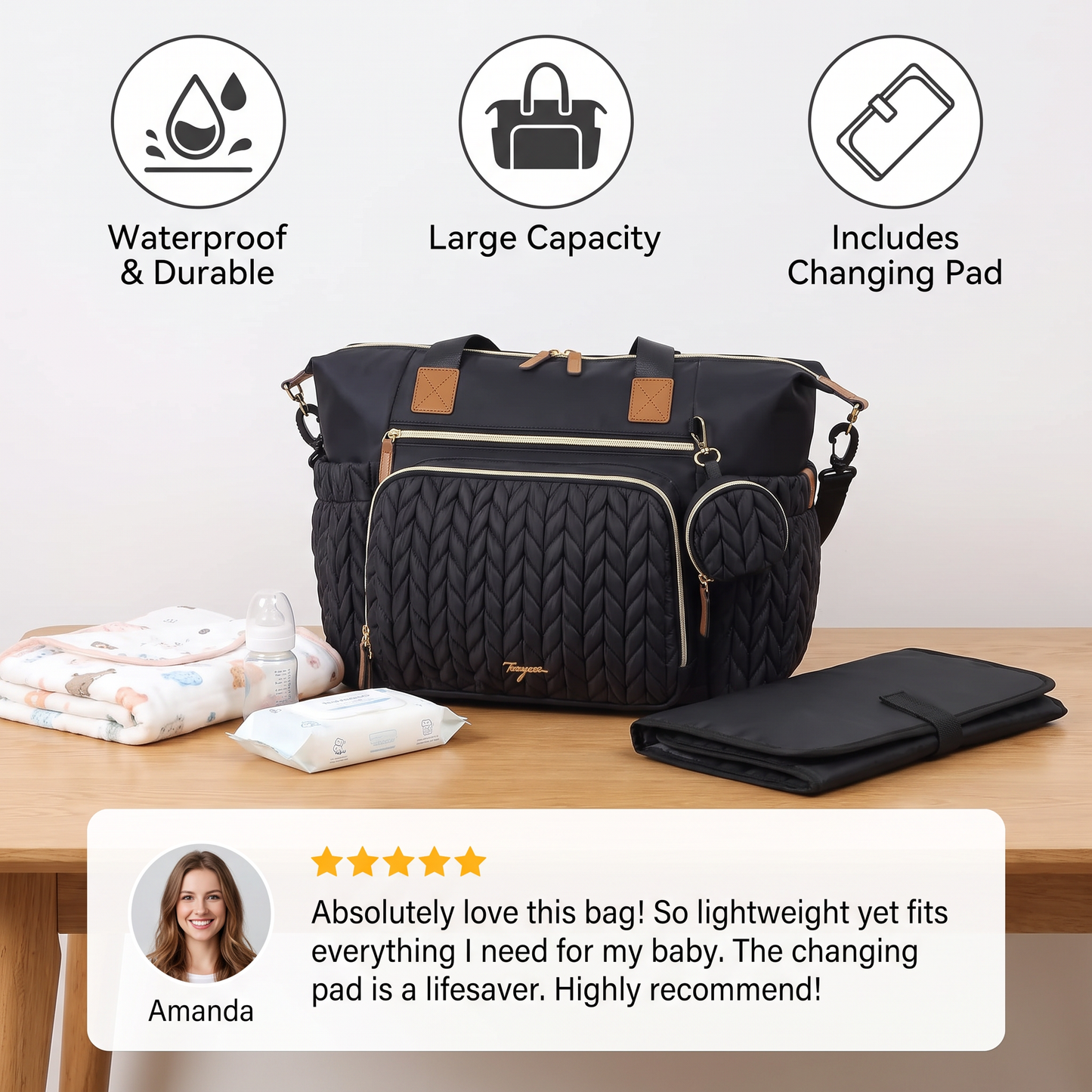 Lightweight Waterproof Diaper Tote Bag – Large Capacity with Changing Pad & Pacifier Case