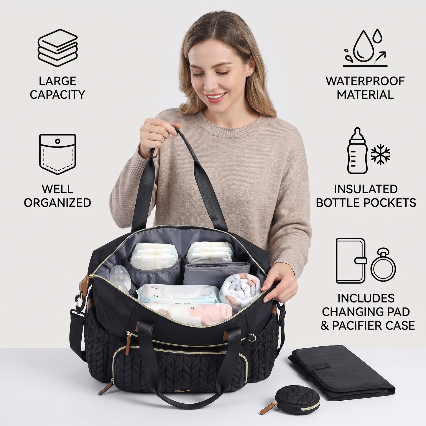 Lightweight Waterproof Diaper Tote Bag – Large Capacity with Changing Pad & Pacifier Case