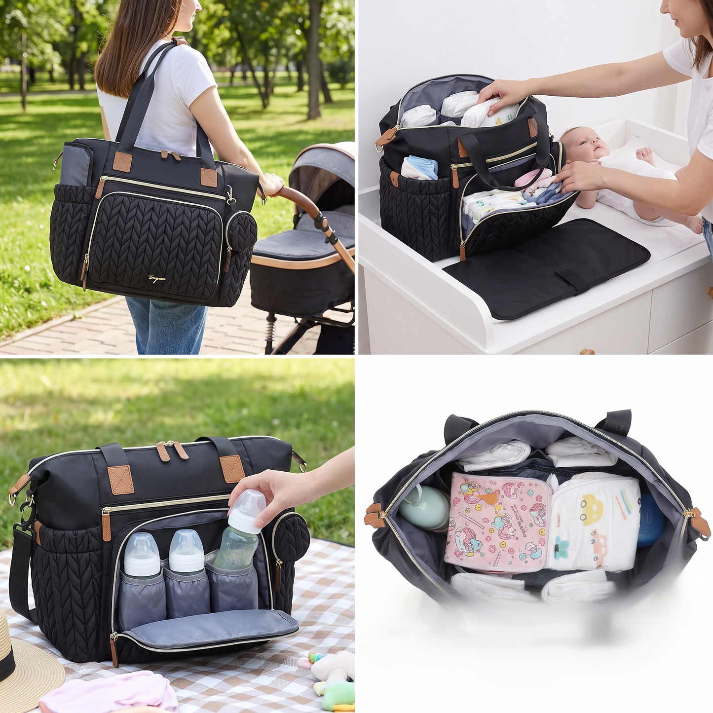 Lightweight Waterproof Diaper Tote Bag – Large Capacity with Changing Pad & Pacifier Case