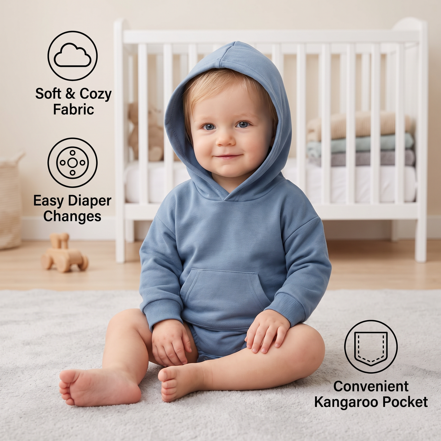 Hooded Baby Romper – Soft Long Sleeve Onesie with Front Pocket