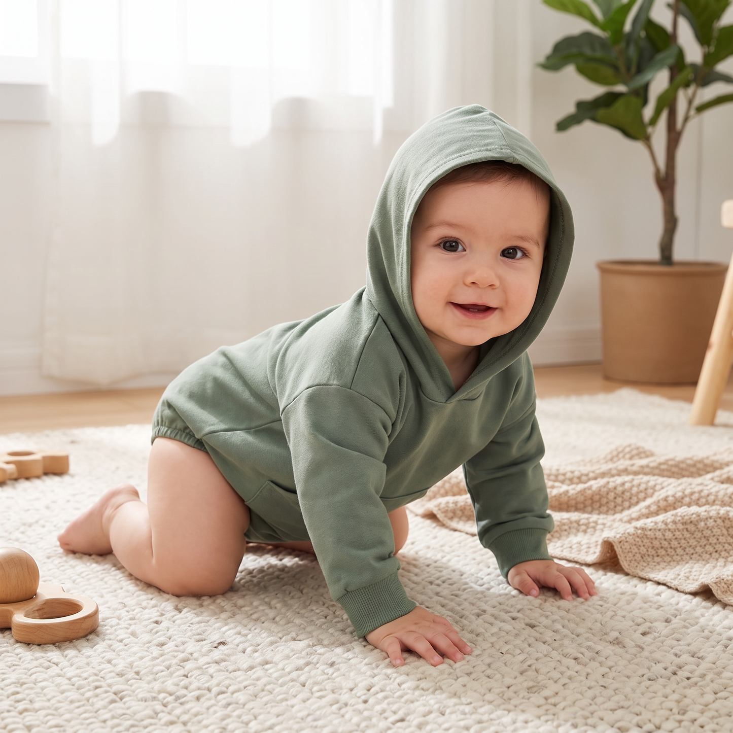 Hooded Baby Romper – Soft Long Sleeve Onesie with Front Pocket