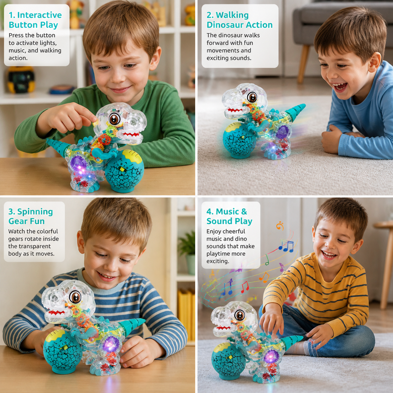 Interactive Light-Up Gear Dinosaur Toy with Music & Walking Action