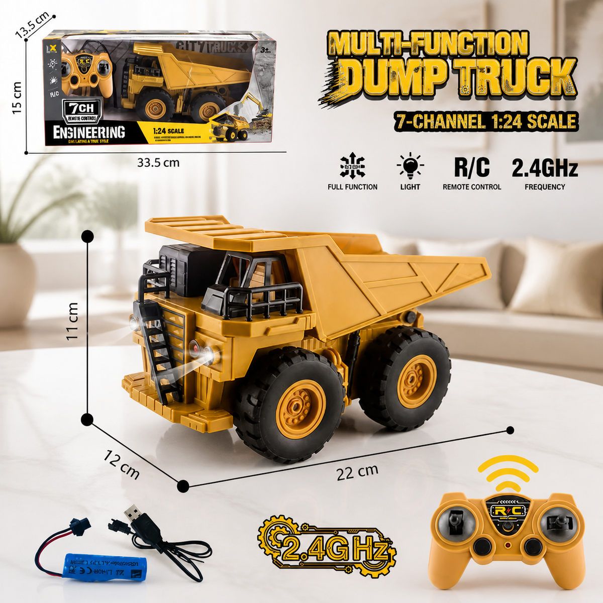 Remote-Controlled Dump Truck with Lights – Construction Vehicle Toy