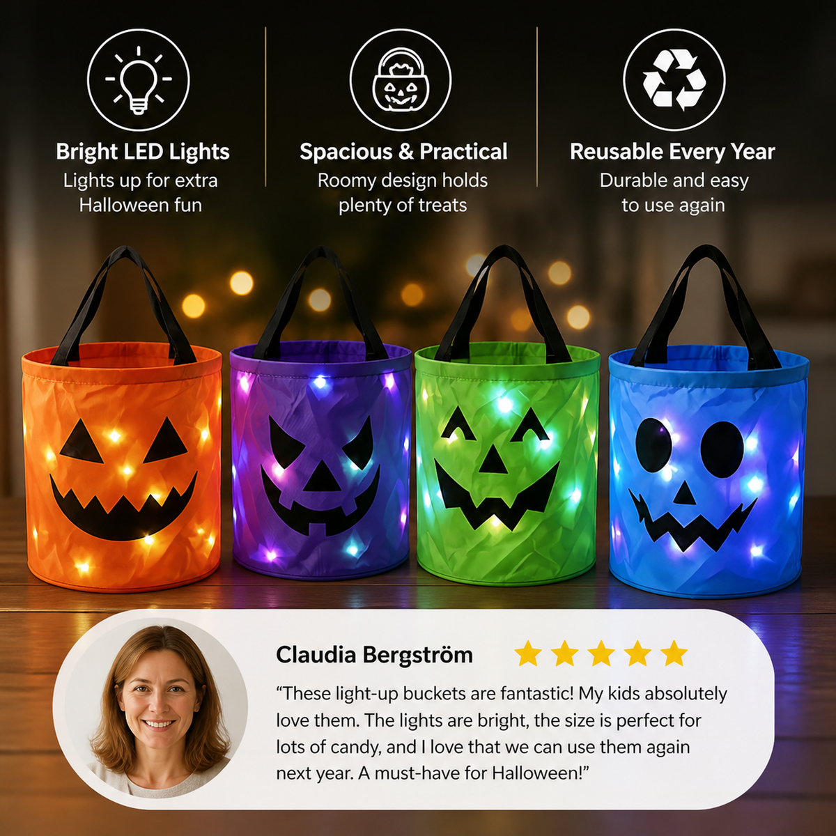 LED Halloween Trick-or-Treat Candy Bucket – Reusable Light-Up Tote Bag