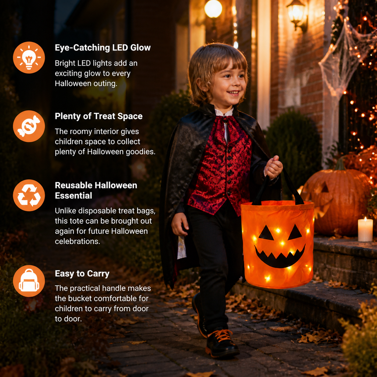 LED Halloween Trick-or-Treat Candy Bucket – Reusable Light-Up Tote Bag