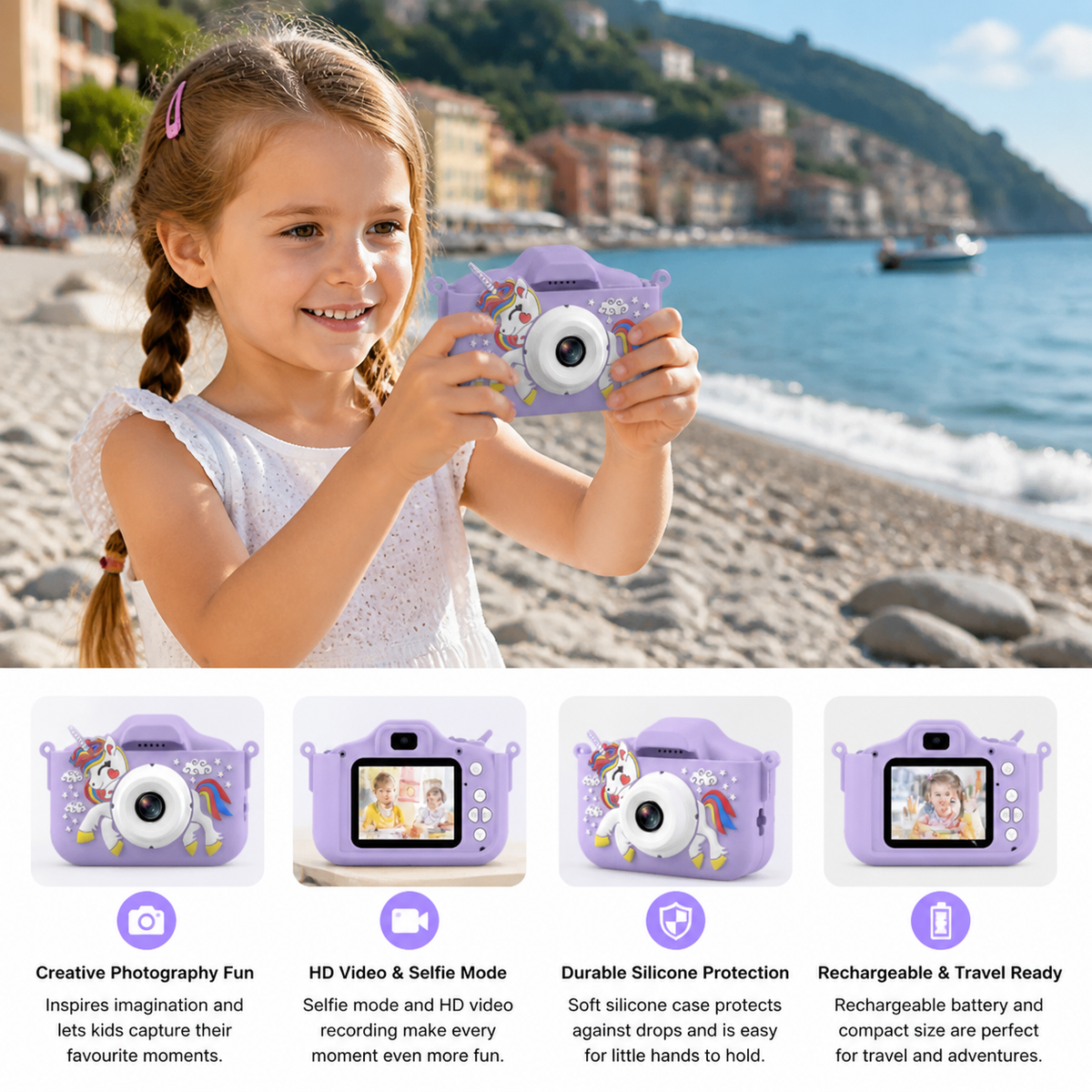 Rechargeable Kids’ Digital Camera with Selfie Mode, HD Video & Silicone Case