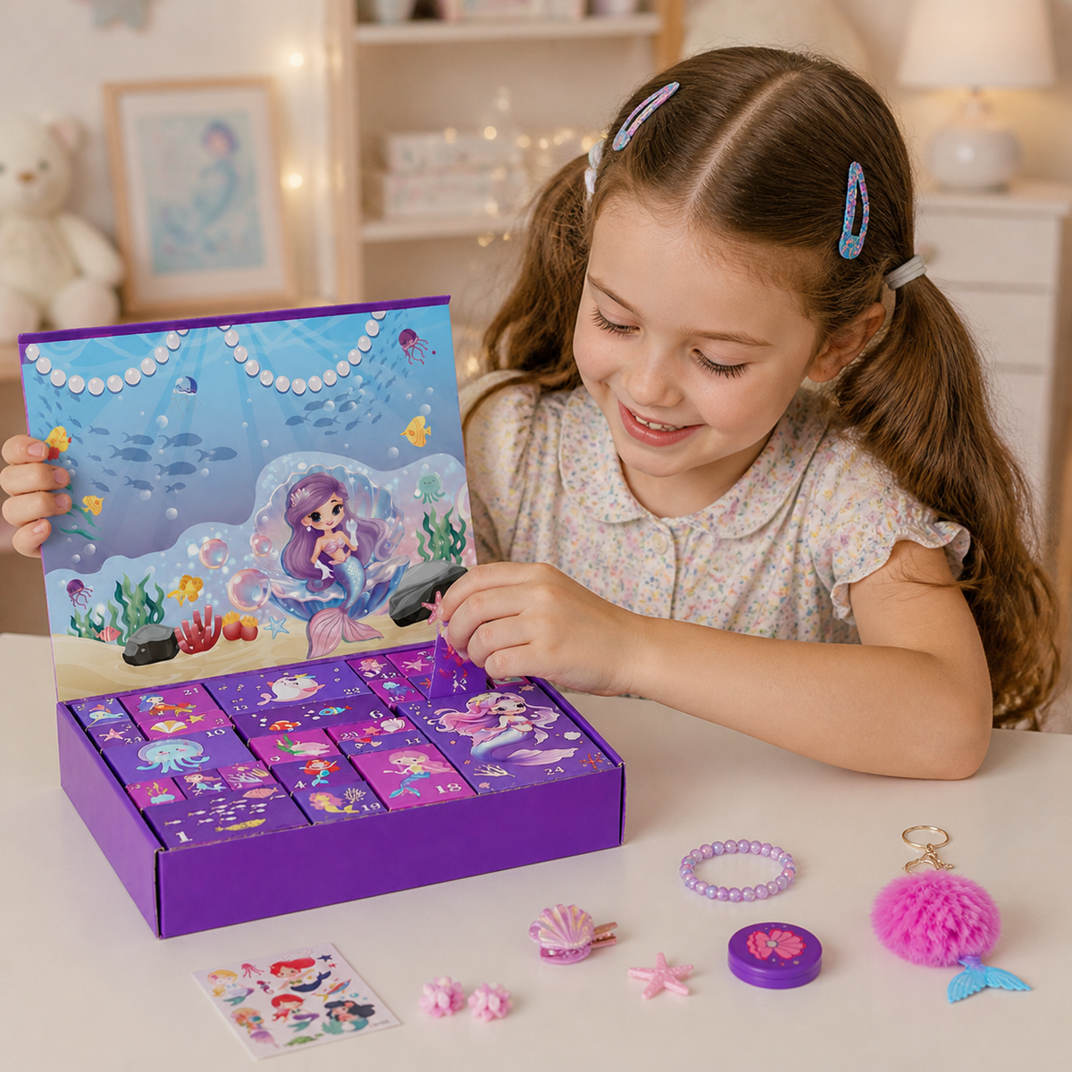24-Day Mermaid Advent Calendar with Hair Accessories, Stickers & Surprise Gifts