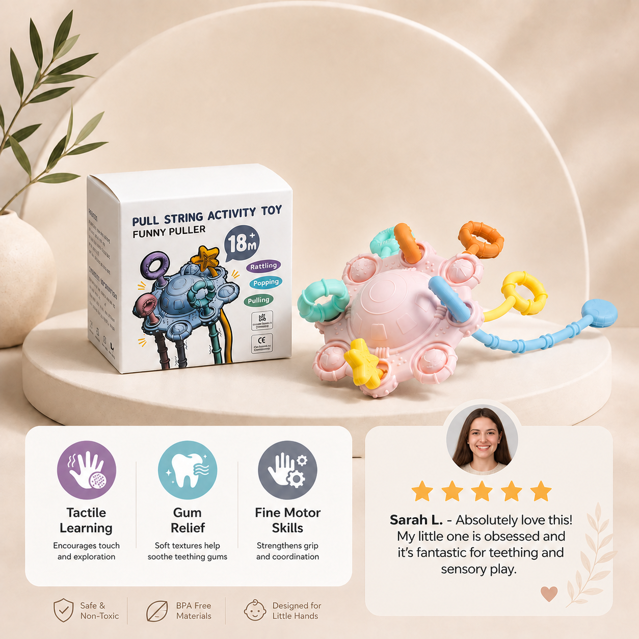 Montessori Sensory Pull & Explore Teething Toy – Silicone Pull Cord for Tactile Learning & Gum Relief