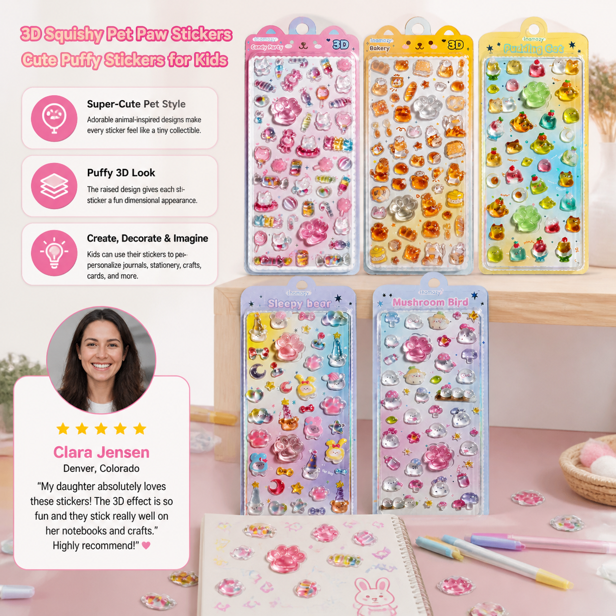 3D Squishy Pet Paw Stickers – Cute Puffy Stickers for Kids