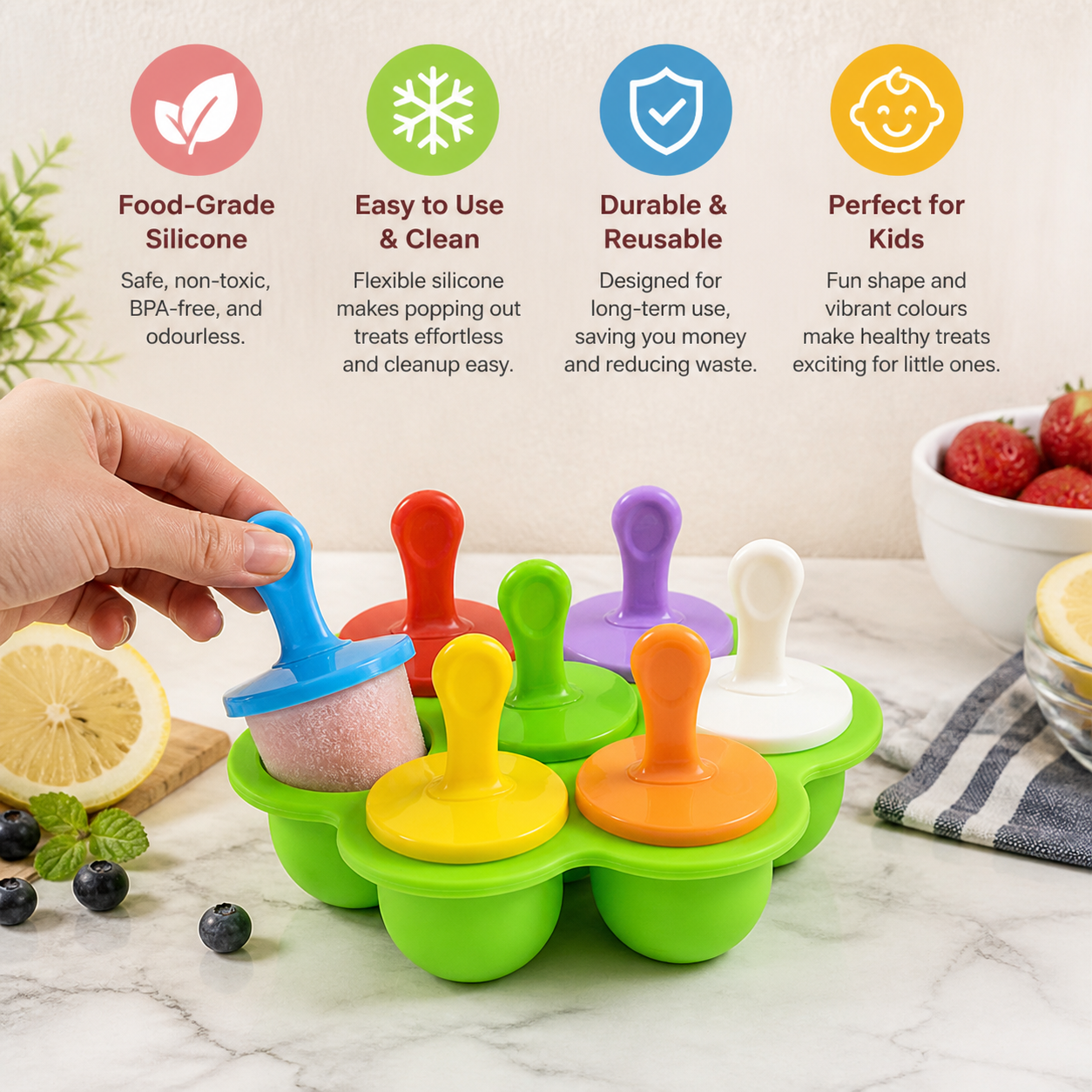 7-Piece Silicone Popsicle Mold – Reusable Ice Pop Maker for Kids