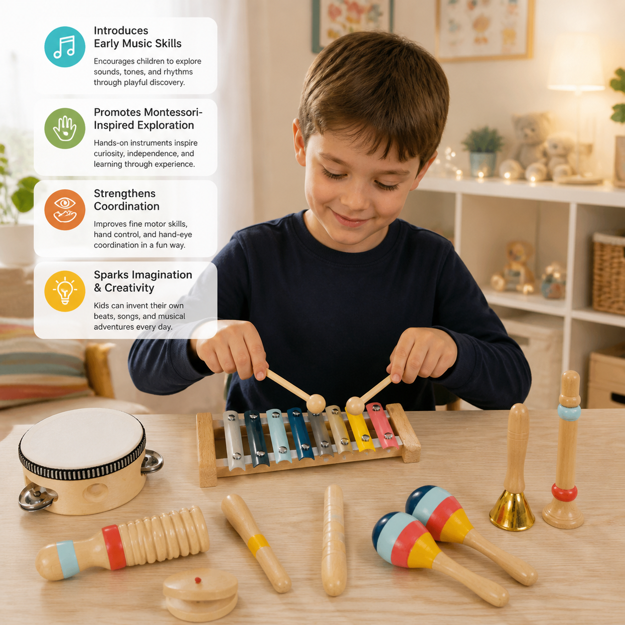 Wooden Musical Instrument Set – Montessori Percussion & Rhythm Learning Toys for Kids
