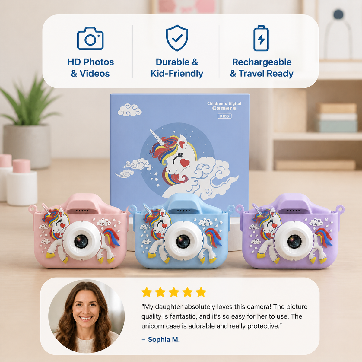 Rechargeable Kids’ Digital Camera with Selfie Mode, HD Video & Silicone Case