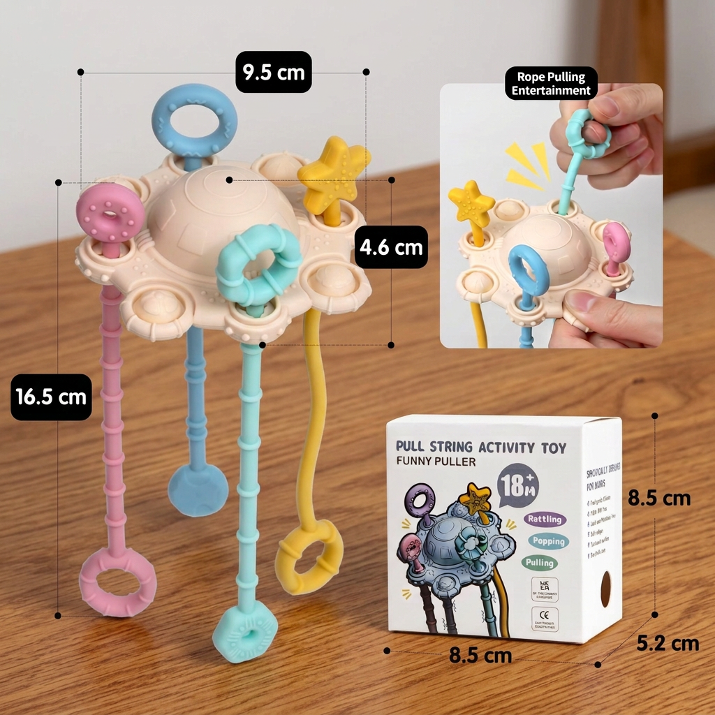 Montessori Sensory Pull & Explore Teething Toy – Silicone Pull Cord for Tactile Learning & Gum Relief